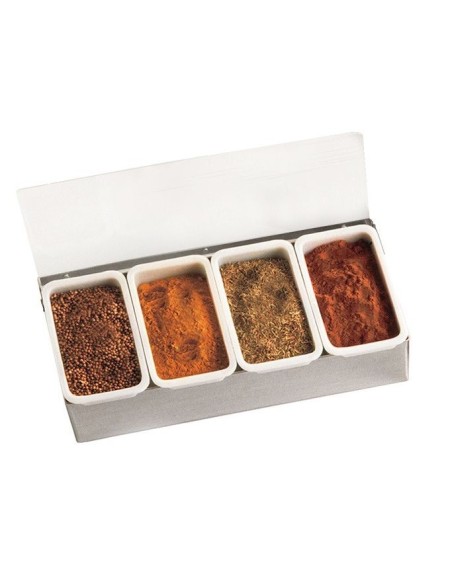 CAJA DE ESPECIAS INOX CON 4 CUBETAS PEQUEÑAS DE POLIPROPILENO
