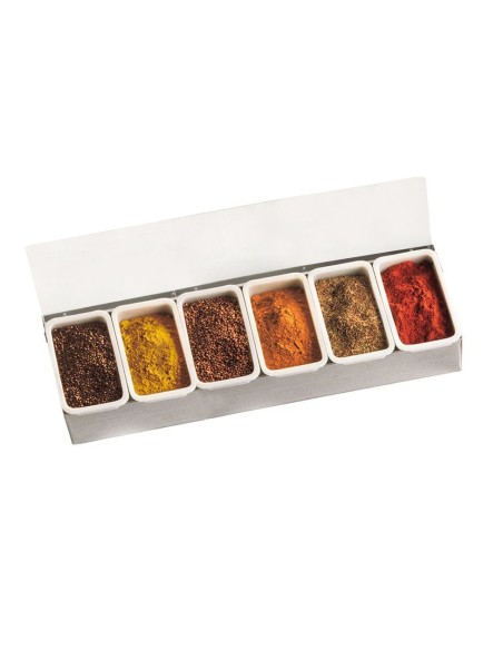 CAJA DE ESPECIAS INOX CON 6 CUBETAS PEQUEÑAS DE POLIPROPILENO